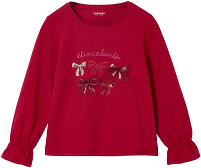 Vertbaudet T-shirt Kerstmis meisje knoop en glitterdetails lange mouwen