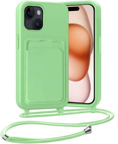 Hoesje Geschikt voor iPhone 15 Plus Hoesje Met Telefoonketting Pasjeshouder Case Koord - Hoesje Geschikt voor iPhone 15 Plus Hoes Met Kaarthouder - Groen