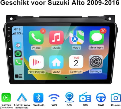 Junsun Android 15 autoradio Geschikt voor Suzuki Alto 2009-2016 - Draadloze CarPlay & Android Auto - GPS-navigatiesysteem - WIFI -Bluetooth - 9-inch Touchscreen - Stuurwielbediening - RDS - FM - USB