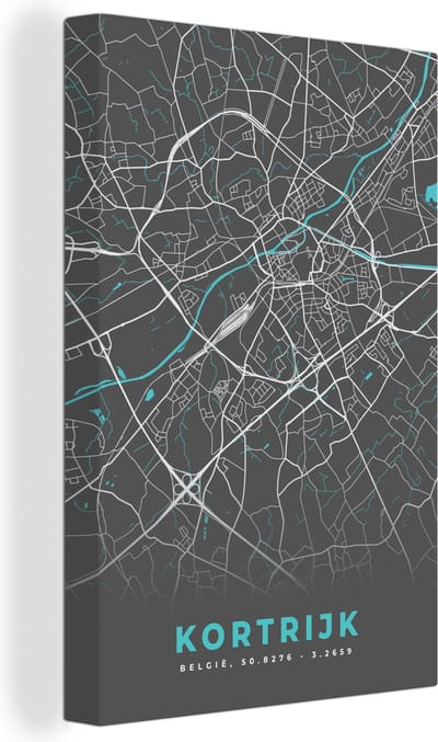 Canvas Schilderij Plattegrond – Kortrijk – Blauw – Stadskaart - Kaart - 20x30 cm - Wanddecoratie