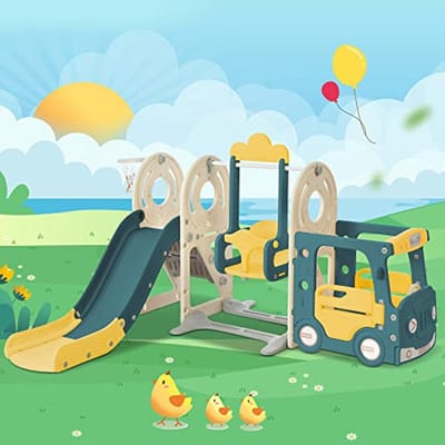HAINEW 5-in-1 kinderglijbaan vanaf 3-8 jaar, voor binnen en buiten, speelplaats voor kinderen met basketbalmand, bus, schommel, glijbaan en trapladder, tuinglijbaan, schommelrek, kinderschommel, groen