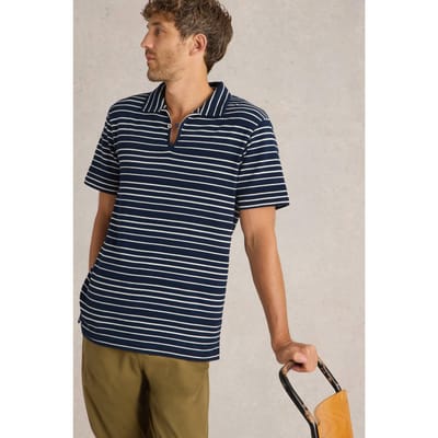 White Stuff Jacquard Stripe Polo Navy Multi Maat: S | Poloshirts Outlet | Heren | Blauw