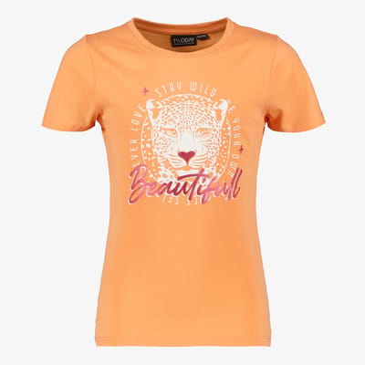 TwoDay meisjes T-shirt met luipaardkop oranje - Maat 170