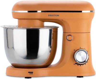 SnelShoppen - PRIXTON KR250 Kneedmachine voor Bakwaren, 1500 W, 10 Snelheden, 5L Roestvrijstalen Kom, 3 Accessoires, Transparant Deksel, Oranje Kleur,