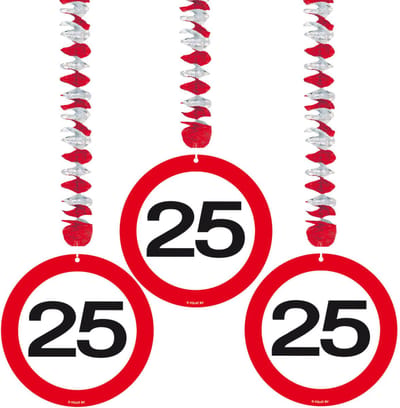 25 jaar verjaardag versiering rotorspiralen plafond - verkeersborden - 3x stuks - feestartikelen - papier