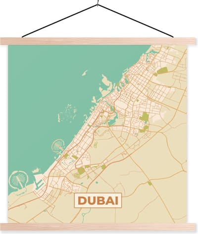 Posterhanger incl. Poster 40x40 cm - Schoolplaat - Dubai - Kaart- Stadskaart - Plattegrond - Vintage - Textielposter - Blanke latten - Stadskaart