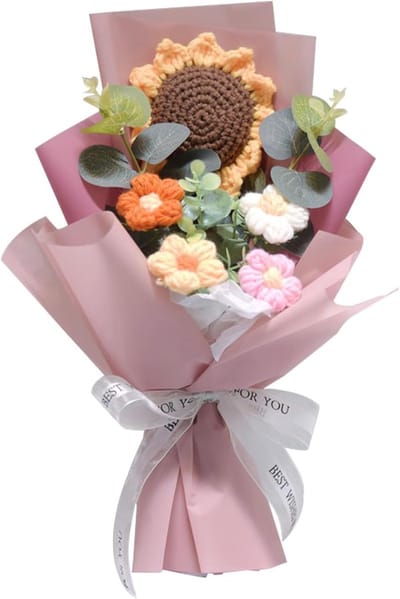 Gehaakt Bloemenboeket - Handgebreid Cadeau - Decoratie Woonkamer - 100% Handgebreid - 32 cm Hoog - Cappuccino Kleur