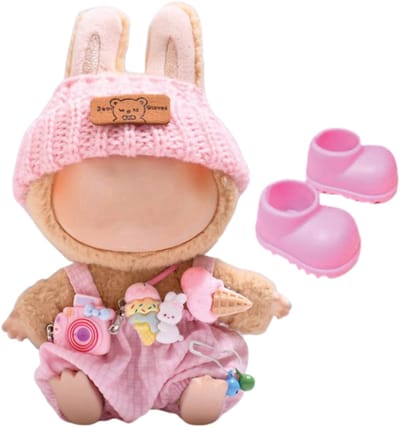 ADEL Kleding Geschikt voor Labubu Pop 17 cm – Inclusief Hoed, Romper, Camera en Schoenen – Schattige Poppenkleertjes – Complete Outfit met Accessoires Roze