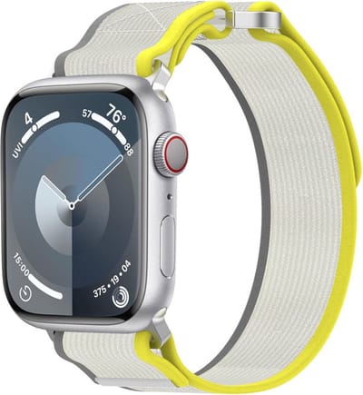 Nylon bandje - geschikt voor Apple Watch 1/2/3/4/5/6/7/8/9/10/11/ SE (1,2,3) met maat 38 mm / 40 mm / 41 mm en 42 mm (Watch 10/11) - beige-geel