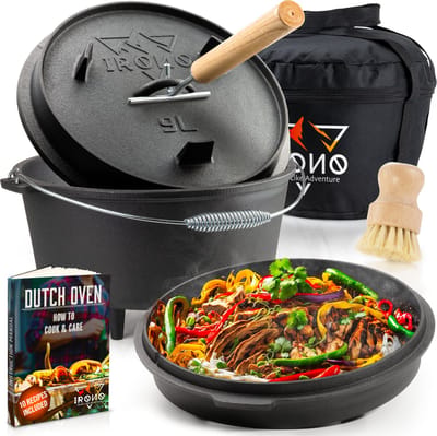 IRONO Dutch Oven - Pan Gietijzer - 9 Liter - Gietijzeren Pan BBQ 5-delig - Multifunctionele Kookset - Braadpan Gietijzer met Deksellifter - Bakpan - Kookpan - Outdoor Cooking