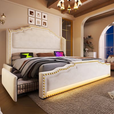 MIVRAY Gestoffeerd Bed 180x200 cm Zonder Matras - Tweepersoonsbed Met 4 Laden, LED Verlichting En USB C Aansluiting - Samt Beige