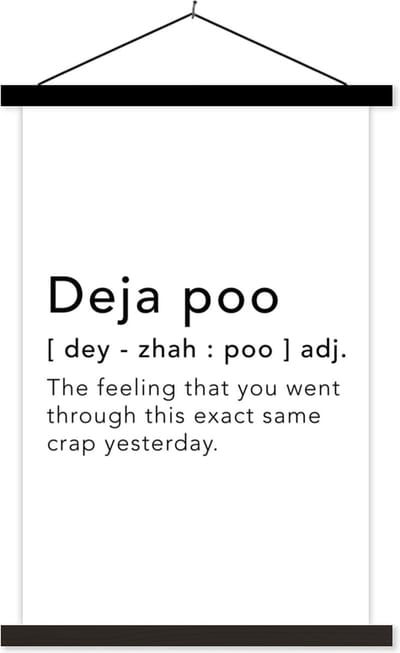 Posterhanger incl. Poster 40x60 cm - Schoolplaat - Spreuken - Quotes - The feeling that you went through this exact same crap yesterday - Poep - Textielposter - Zwarte latten