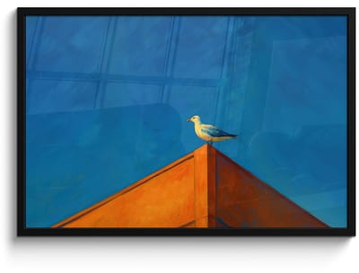 Poster in lijst - Fotolijst 90x60 cm - Posters - Meeuw - Gebouw - Lucht - Geschilderd - Posterlijst zwart - Decoratie - Wanddecoratie woonkamer - Muurdecoratie slaapkamer