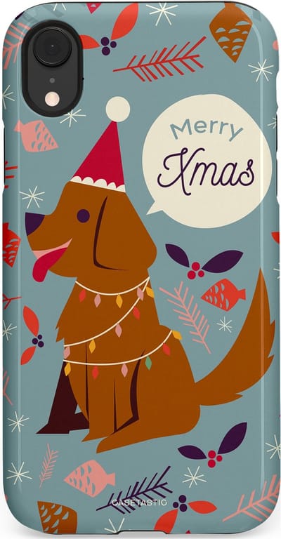 Casetastic hoesje geschikt voor Apple iPhone XR - Dubbellaagse bescherming - Merry Christmas Hond - Fashion Case - Zilver Bruin Saliegroen Rood