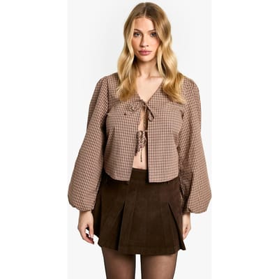 boohoo Dames Maternity Woven Check Balloon Sleeve Tie Detail Top | Bruin | Maat: 40