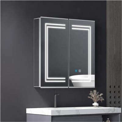 LED Badkamerspiegelkast Aluminium met 2-Deurs, Dimbare Helderheid, Touch Switch, Demister, Shaver Socket, Verstelbare Planken, Opbergkast voor Make-up en Scheren