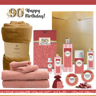 Geschenkset “90 Jaar Happy Birthday!” - 13 producten - 1980 gram | Cadeau Verjaardag - Luxe wellness cadeaubox - Giftset Speciaal voor Haar - Gefeliciteerd - Verjaardag - Cadeaupakket - Gift Set Party - Verjaardagscadeau Goud - Rood