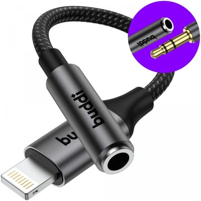 Buddi Ease 3.5mm Headset Jack naar Lightning Adapter | Aux Audio Kabel | DAC Chip | Verloopstuk Koptelefoon en Oortjes | Koppelstuk | Tussenstuk | Converter | Geschikt voor iPhone/iPad | 12 CM | Zwart