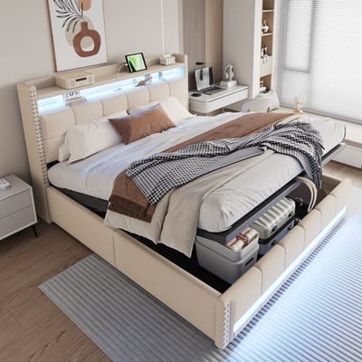 Komhtom Gestoffeerd bed 180*200 cm met ledverlichting en USB-aansluiting, hoofdeinde met planken en opbergruimte, met hydraulisch systeem voor opbergen, tweepersoonsbed voor volwassenen, beige linnen stof