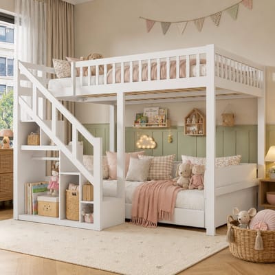 Hoogslaper stapelbed 140x200 cm, Kinderbed met opbergruimte, valbeveiliging, trapje, Stapelbed voor Kinderen, Tieners, massief hout, Wit