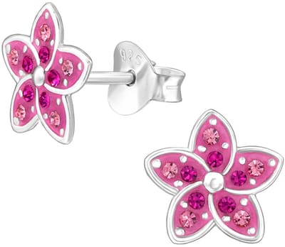 Joy|S - Zilveren bloem oorbellen - roze fuchsia kristalletjes - 8 mm - tropische bloem oorknoppen - sterling zilver 925
