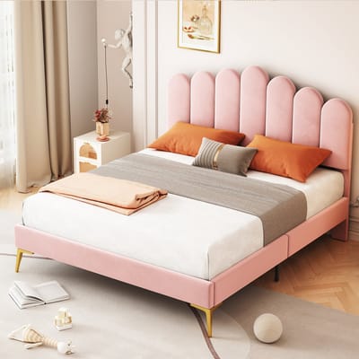 MODFU Bedframe 140x200 cm – Roze fluweel met uniek schuim hoofdbord – Verstelbaar in 3 standen – Incl. lattenbodem