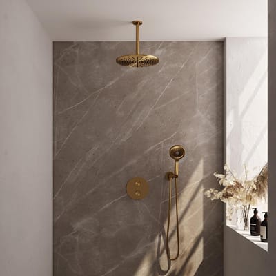 Brauer Gold Edition thermostatische inbouw regendouche 3-weg rond SET 84 met 30 cm douchekop en plafondarm en 3-standen handdouche en doucheslang en wandaansluitbocht goud geborsteld PVD