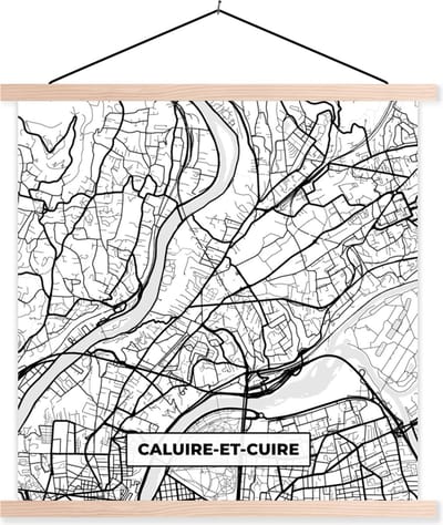 Posterhanger incl. Poster 40x40 cm - Schoolplaat - Stadskaart - Plattegrond - Caluire-et-Cuire - Kaart - Frankrijk - Zwart wit - Textielposter - Blanke latten - Stadskaart
