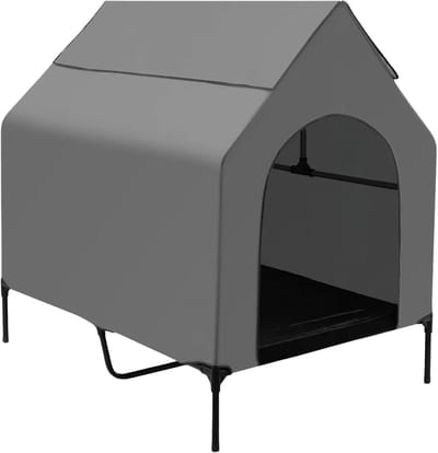 Verhoogd hondenbed met luifel – Voor kamperen, strand, achtertuin en thuisgebruik – Met afneembare tent – 125 × 92 × 122 cm – Grijs