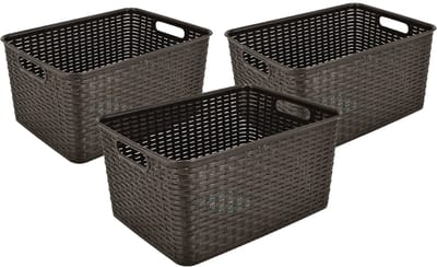 Opbergmand 18L - Set van 3 Kunststof Opbergdozen – Mandjes Riet – Opbergbox 38x28x19 cm – Opbergmand Kinderkamer en Speelgoed – Kast Organizer- Plastic Opbergmand Vierkant