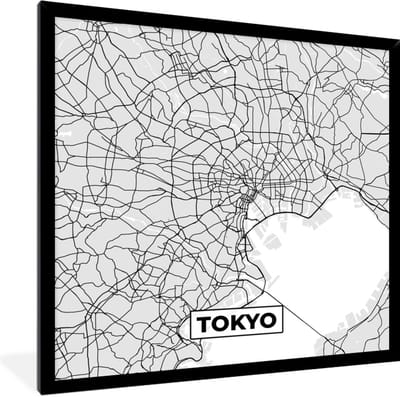 Fotolijst incl. Poster - Tokyo - Stadskaart - Zwart Wit - Plattegrond - Kaart - 40x40 cm - Posterlijst
