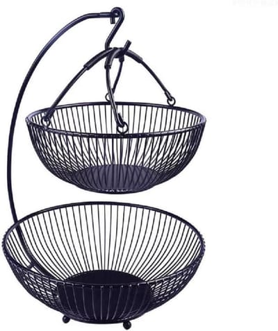 Fruitmand met hanger - Fruitschaal keuken - Aanrecht organiseren - Afneembaar ontwerp - 2 lagen - Zwart