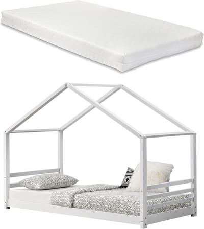 Kinderbed Vardo grenen huisbed met matras 200x90 cm wit