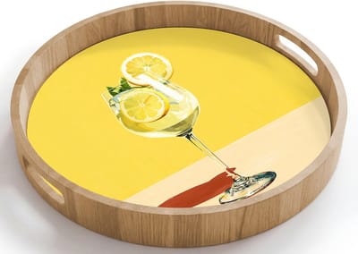 Dienblad rond 40x40 cm - Schootdienblad hout - Wijnglas - Citroen - Geel - Minimalistisch - Borrelplank rechthoek - Plateau houten dienbladen