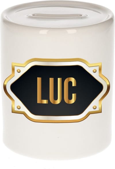 Spaarpot met voornaam Luc - wit - met goud/zwart embleem - 8 x 9 cm - keramiek - met afsluitdop - cadeau verjaardag