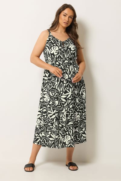 Yours Zwarte Keyholejurk Met Tropische Print Size 42