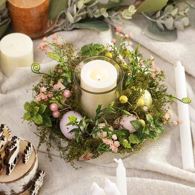Kleurrijke paaseieren glazen theelicht kaarsenhouder beker, kaars sticks lamp theelicht kandelaar houder met kunstmatige planten bloemen voor lente Pasen Home Tafel Centerpiece Decors (exclusief