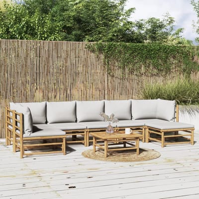 vidaXL - 8-delige - Loungeset - met - kussens - bamboe - lichtgrijs