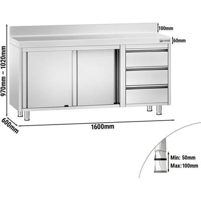 GGM Gastro Edelstahl Arbeitsschrank PREMIUM - 1600x600mm - mit 3 Schubladen rechts & Aufkantung Zilver