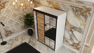 Schuifdeurkast met Spiegel – Casa Velluto Lamaro Elegance 138x205x59 cm Wit & Eiken Artisanat Goud – Moderne Garderobe voor Hal en Slaapkamer – Kledingkast met Aluminium Schuifsysteem en Robuust Beslag