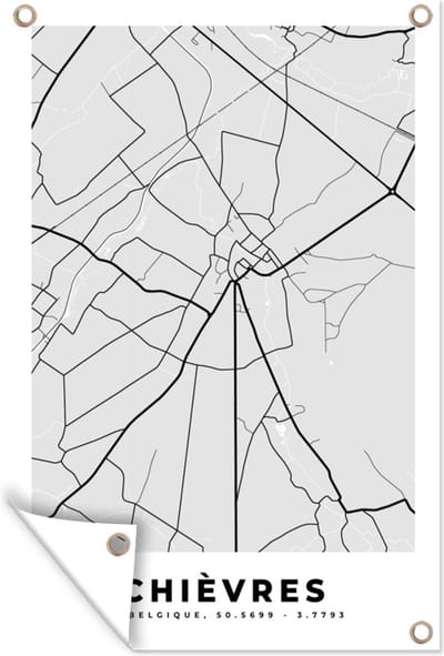 Muurdecoratie Stadskaart – Zwart Wit - Kaart – Chièvres – België – Plattegrond - 120x180 cm - Tuinposter - Tuindoek