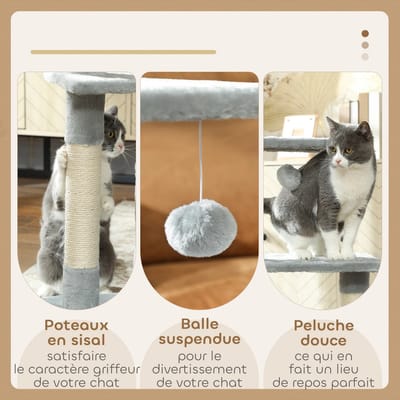 PawHut kattenboom hoogte cm - kattentoren met sisalpalen - 2 planken, nis, bal, pluche stof - multi-level, ideaal voor katten, donkergrijs