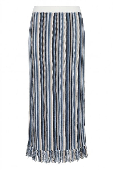 Ulla Popken - Dames - Gebreide rok ajourstrepen franjes elastische tailleband - Denim blauw - Maat 58+