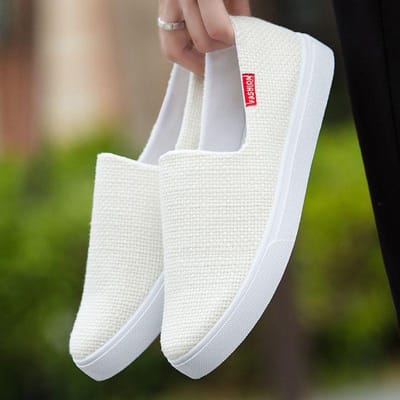 Zomer Linnen Stoffen Schoenen Heren Koreaanse Versie Casual Schoenen Slip-on Luie Schoenen Trend Herenschoenen Ademende Skateschoenen 42 white