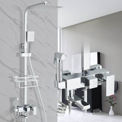 Chroom Multifunctionele Doucheset Douchesysteem met 12" (30x30cm) Regenhoofddouche & Opbergrek - 4 Waterfuncties, Handdouche, Onderuitloop & Douchepistool