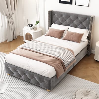 Gestoffeerd eenpersoonsbed met knoop- en nietdetails - 90x200 cm - Grijs fluweel - Houten poten - Inclusief lattenbodem - Slaapkamer en tienerkamer