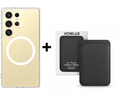 VOWLUX Compatible MagSafe Hoesje voor Samsung Galaxy S25 Ultra Transparant – Inclusief Zwart Wallet Pasjeshouder – 24 Magneten – Kunstleer – 3 Kaarten – Shockproof Case