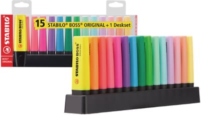 STABILO BOSS ORIGINAL – Markeerstift - Deskset Met 15 Stuks - 9 Standaard + 6 Pastel Kleuren