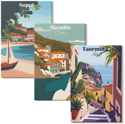 Wallfluent Set van canvas schilderijen - Stijlvolle illustraties van stadsgezichten aan zee Canvas Schilderijen Set - set 3 stuks 20x30 cm - Veelkleurig Set van Canvas Prints - Steden Canvas Kunst Set - Boheemse Canvas Kunst Set