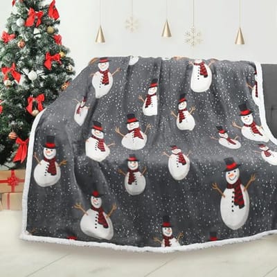 Superzachte Sherpa Deken met Kerstworp voor Bed en Bank - 130 x 150 cm Sneeuwpoppatroon
